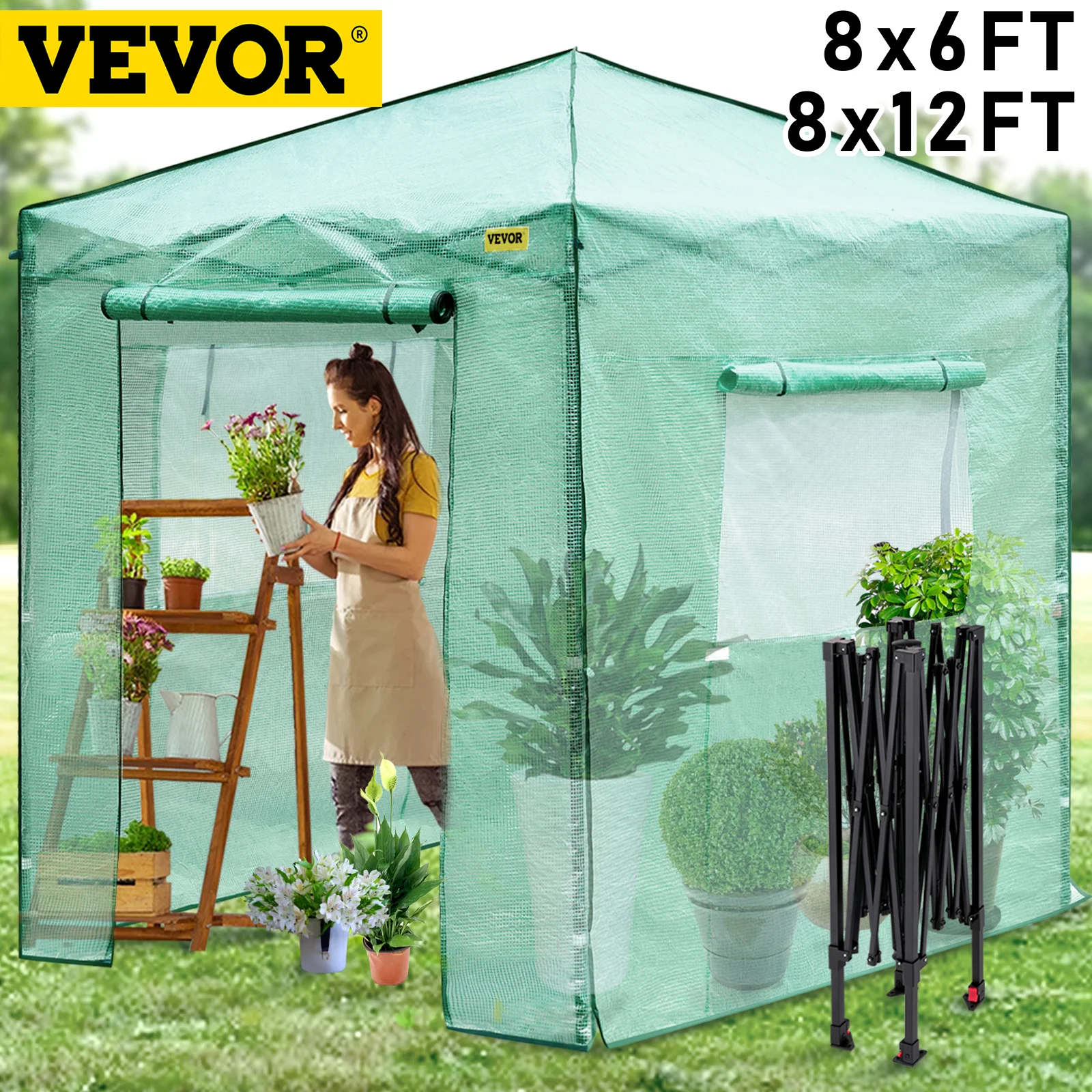 

VEVOR 8x6FT 8x12FT Outdoor Garden Walk-in Greenhouse Weather-proof With Roll-up Doors & Windows Steel Frame PE Cover Portable