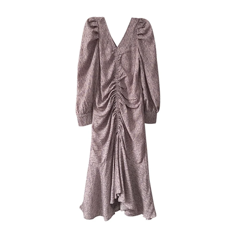 

PERHAPS U Velvet Pink Chiffon Floral Flower Print V Neck Long Sleeve Midi Mid-calf Mermaid Dress Drawstring Lace Up D1562