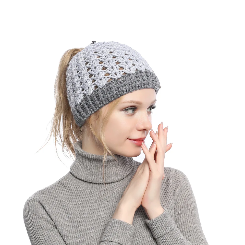 Europe, America, autumn and winter, new, matching, hole, cap, cap, empty top, knitted wool cap, ponytail cap, warm hat