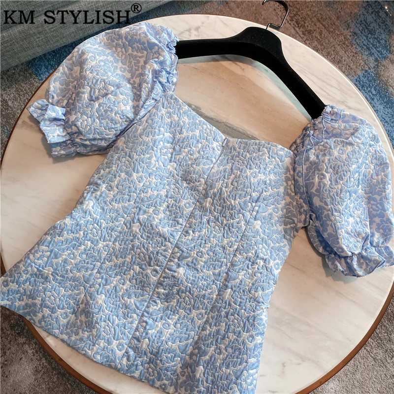

Women Clothings Jacquard Bow Blouse Yellow Summer New Sweet Blue Pink Rhinestone Lace Shirt Square Collar Short Puff Sleeve Tops