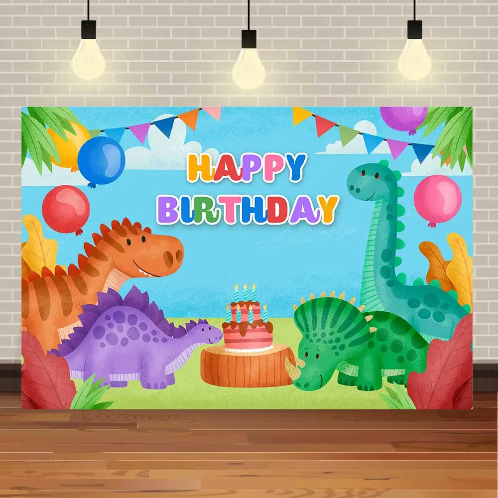 

NeoBack Happy Birthday Baby Shower Cartoon Watercolor Dinosaur Jungle Jurassic Banners Photo Backdrop Photography Background