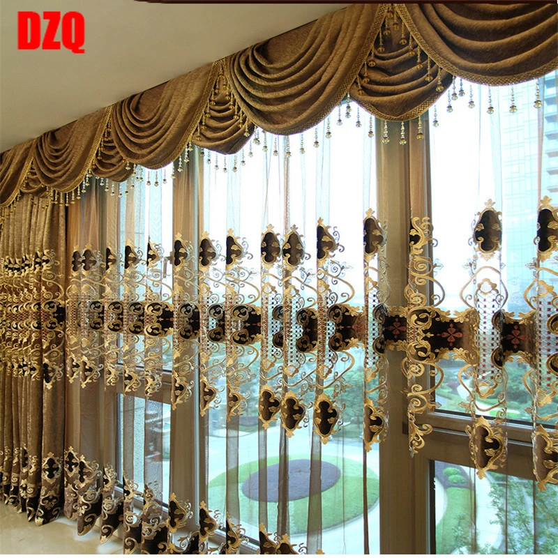 

European luxury King Queen brown embroidered gold curtains for the living room with the sheer luxury hotels suitable for bedroom