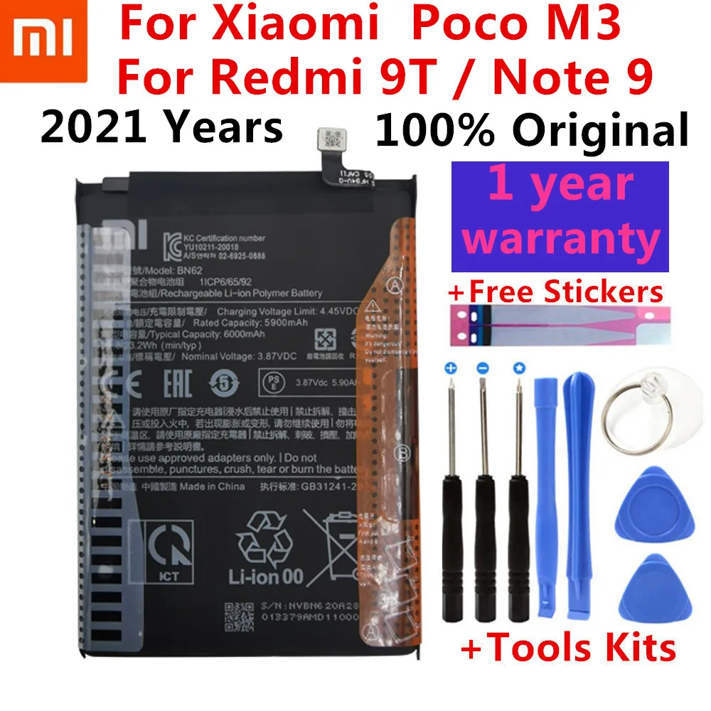 

100% Оригинальный аккумулятор Xiao Mi 6000 мАч BN62 для Xiaomi Pocophone Poco M3 для Note 9 Redmi 9T, батареи, аккумулятор и инструменты