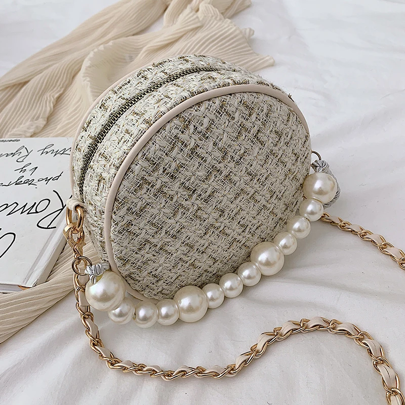 18CM White grid Элегантная женская круглая жемчужная Сумка-тоут модная Новая высококачественная шерстяная женская дизайнерская сумочка с цепочкой на плечо сумка-мессенджер - Цвет: 18CM White grid
