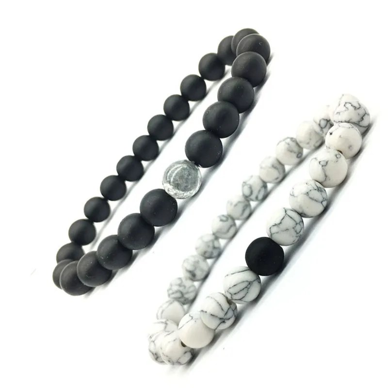 Браслет с бусинами из натурального камня Черно белый эластичный набор для пары