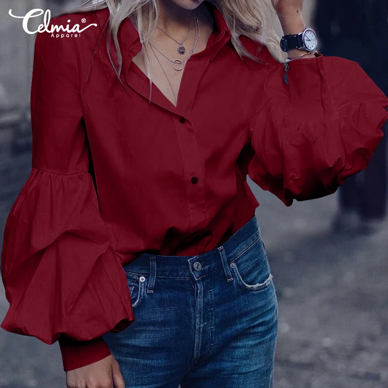 Фото Женские топы и блузки Celmia 2020 модные отвороты с длинным рукавом пуховкой женская