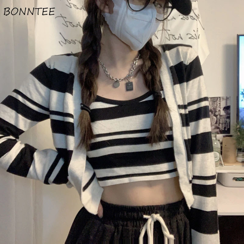 

2 Pieces Sets Women Autumn Vintage Striped Knitted Spaghetti Strap Leisure Backless All-match Slim Elegant Ulzzang Fashion New