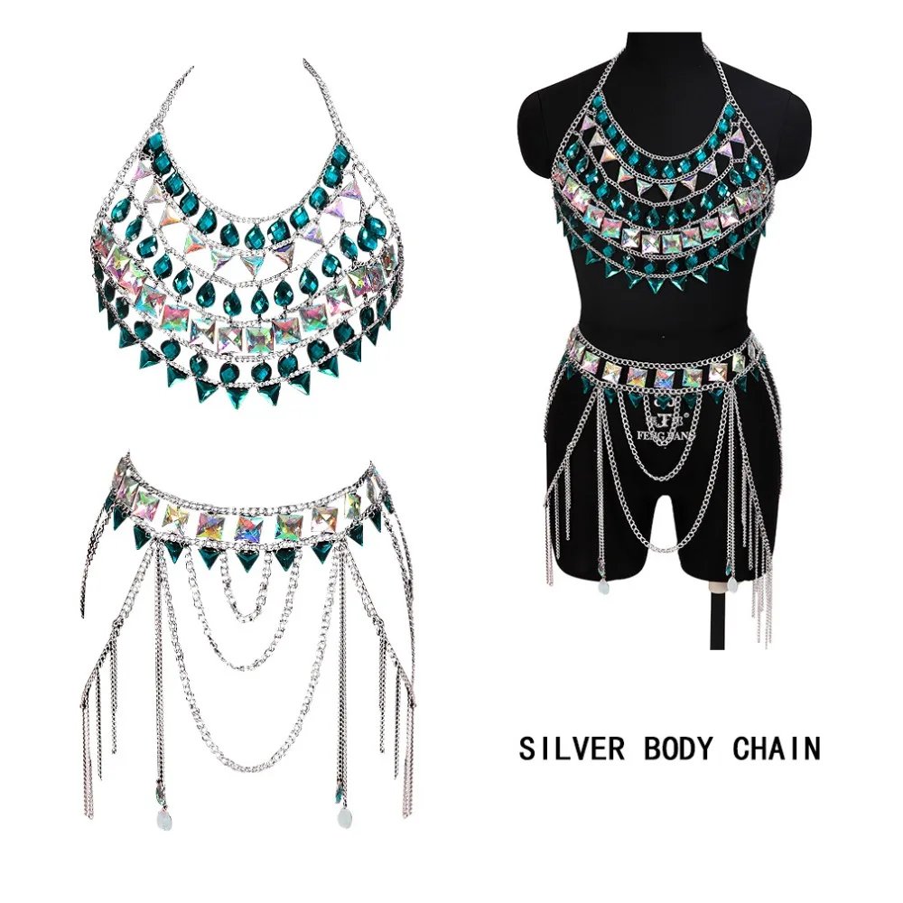 Boho 1 комплект, металлическая цепочка, бюстгальтер на бретельках для тела, кристалл, нагрудный ремень, украшение с зажимом, блестки, клетчатый Топ, плюс размер, женская одежда в стиле рейв на Хэллоуин