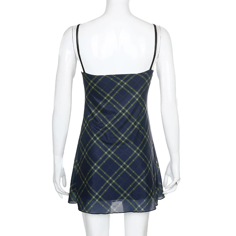 

90s Spaghetti Strap Bandage Front Ruffles Plaid Dresses Vintage Mesh V-neck Backless A-line Mini Dress Partywear