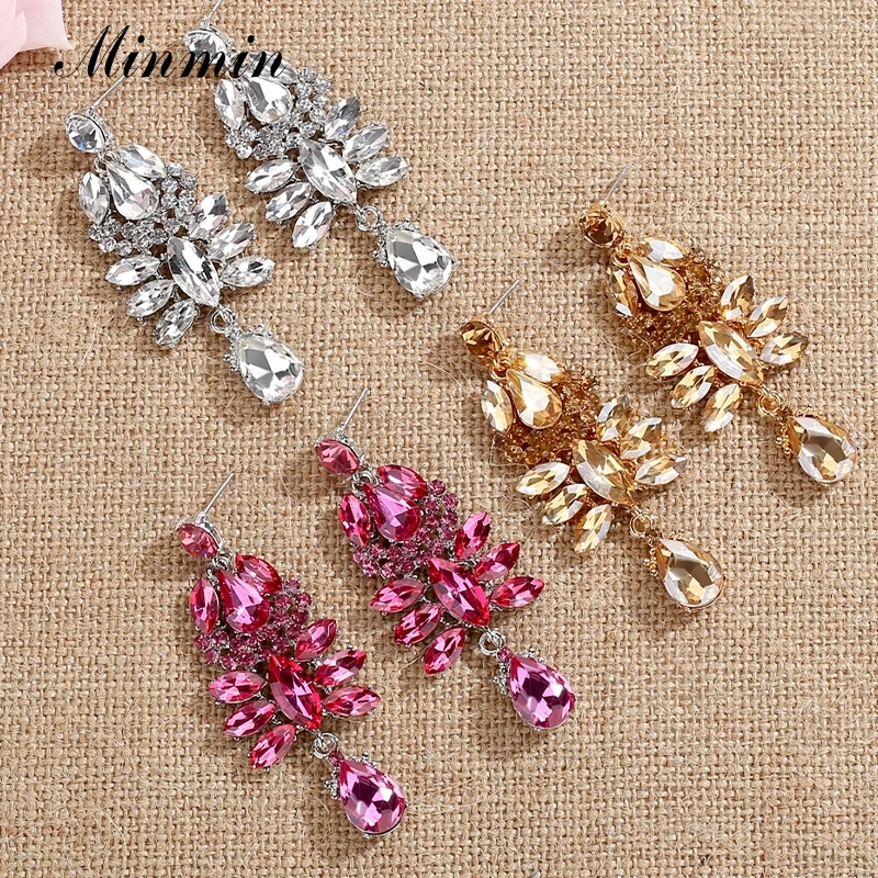 

Minmin Teardrop Crystal Flower Long Drop Earrings for Brides Luxury Wedding Prom Earrings Women Party Costume Accessories EH1630