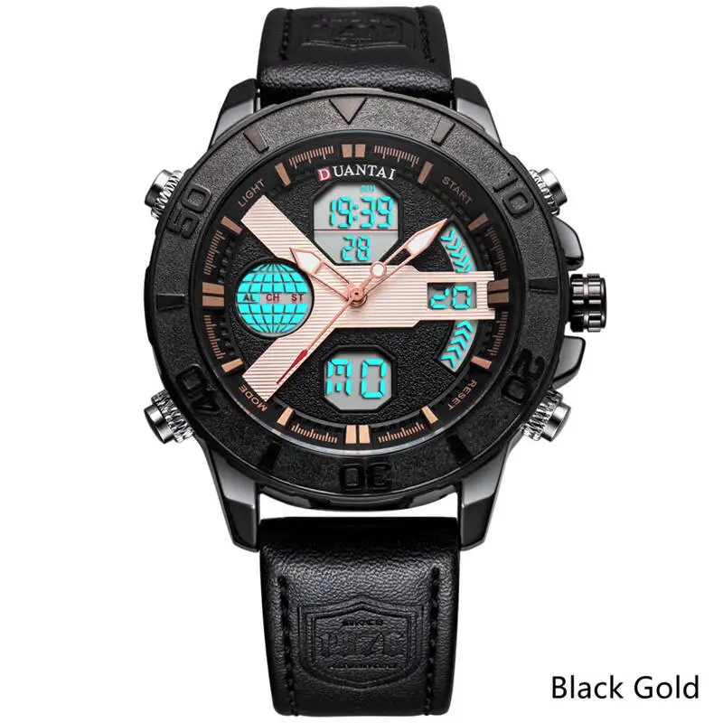 Black Gold Мужские спортивные часы DUANTAI, роскошные часы с двумя часовыми поясами, мужские кожаные часы с Т-образной пряжкой, водонепроницаемые 3AM - Цвет: Black Gold