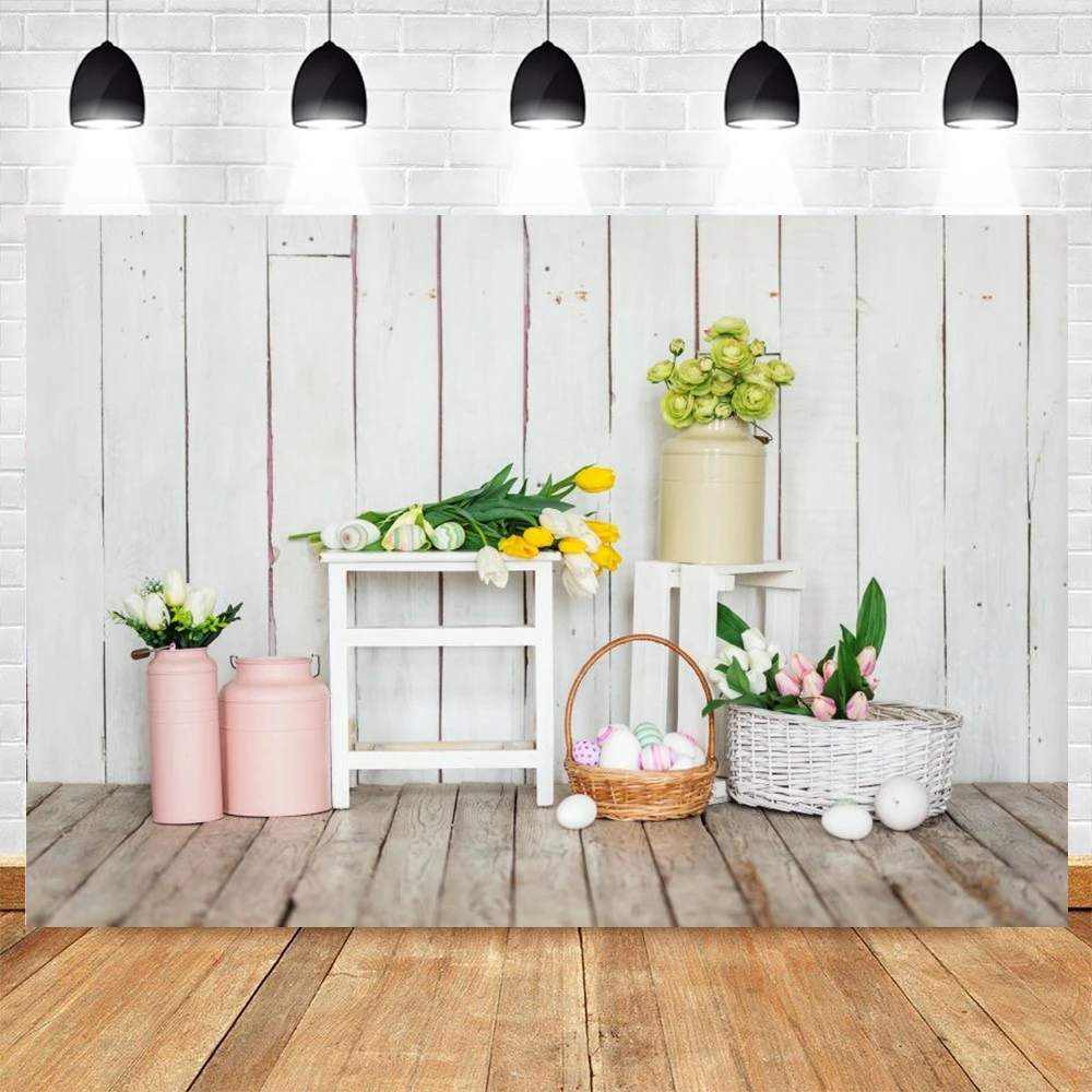 

Виниловый фон для фотосъемки с изображением весенних пасхальных яиц цветов фермы белой деревянной доски