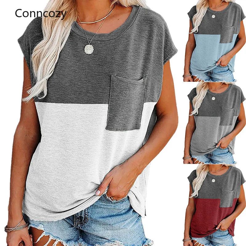 

New Women's Clothing Spring Summer T-Shirts Fashion Color Splicing Pocket Round Neck Loose Short Sleeved T Shirt Plus Size Tops