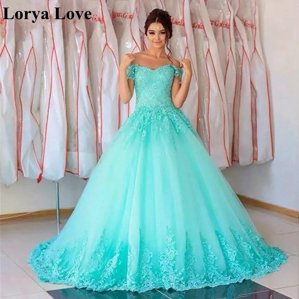 

Light Blue Quinceanera Dresses 2020 Ball Gown Tulle Off Shouder Fluffy Gowns Formal Party Ceremony Graduation Long Prom Dress