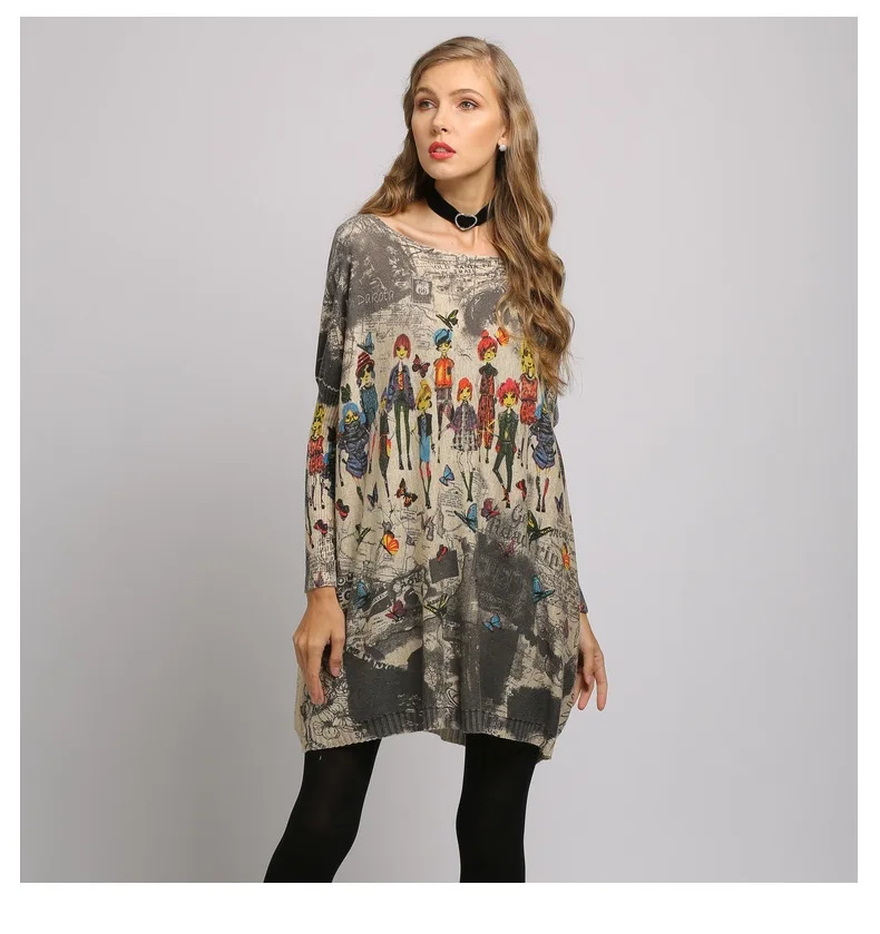 

Brand New Women Printing Knitwears Batwing Sleeves Long Section Knit Sweaters Loose Female Pull Femme Elegant Tops K1465
