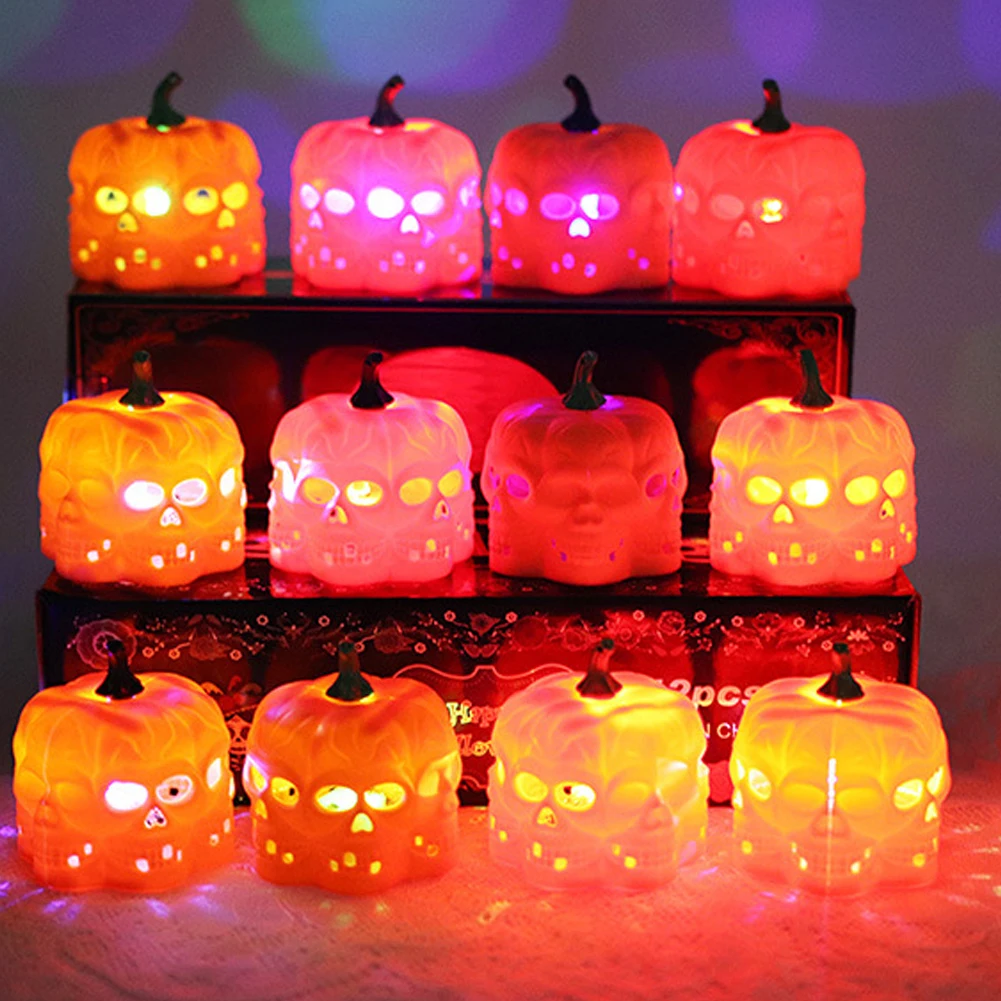 

12PCS Pumpkin Light Halloween Battery Powered Electronic Skull Candle Lamp with green Stalk Holiday Lighting Living Room Decor