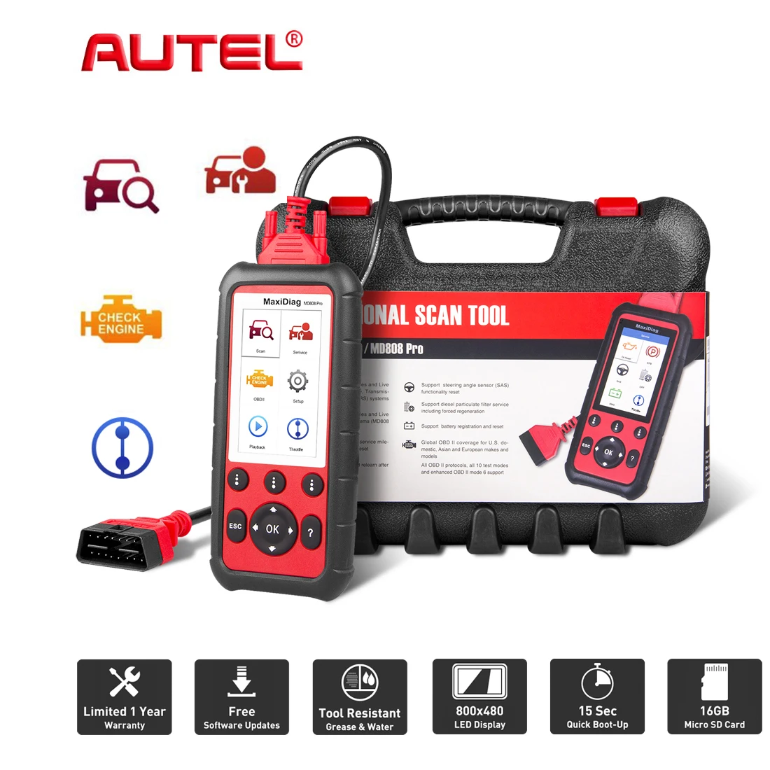 

Autel MaxiDiag MD808 Pro Diagnostic Tool OBD2 Scanner Read/Clear Codes Control PCM TCM SRS ABS EPB Oil Reset DPF BMS SAS Systems