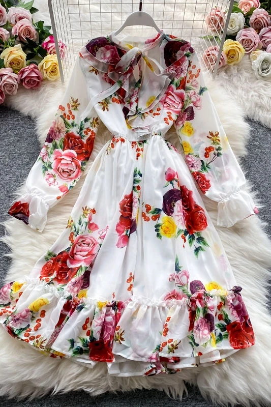

Vintage long sleeve floral elegant white dress spring autumn women's bow Collar ruffles A-line dress runway dresses 2021