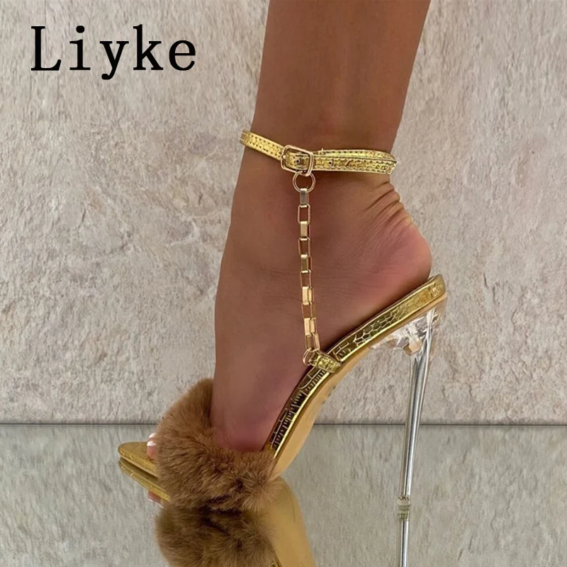 Liyke Women Sexy Sandals Transparent High Heels Ladies Fashion Fluffy Pointed Toe Buckle Strap Party Shoes Silver