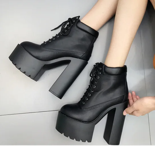 Classic high thick-heeled women's boots waterproof platform lace high-heeled short |