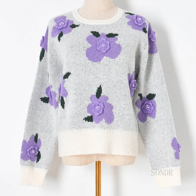 

Crochet 3D Floral Wool Bend Sweater Pullover Thick Warm 2021 Autumn Winter Sweater Women Lazy Oaf O Neck Flower Pullover Jumpers