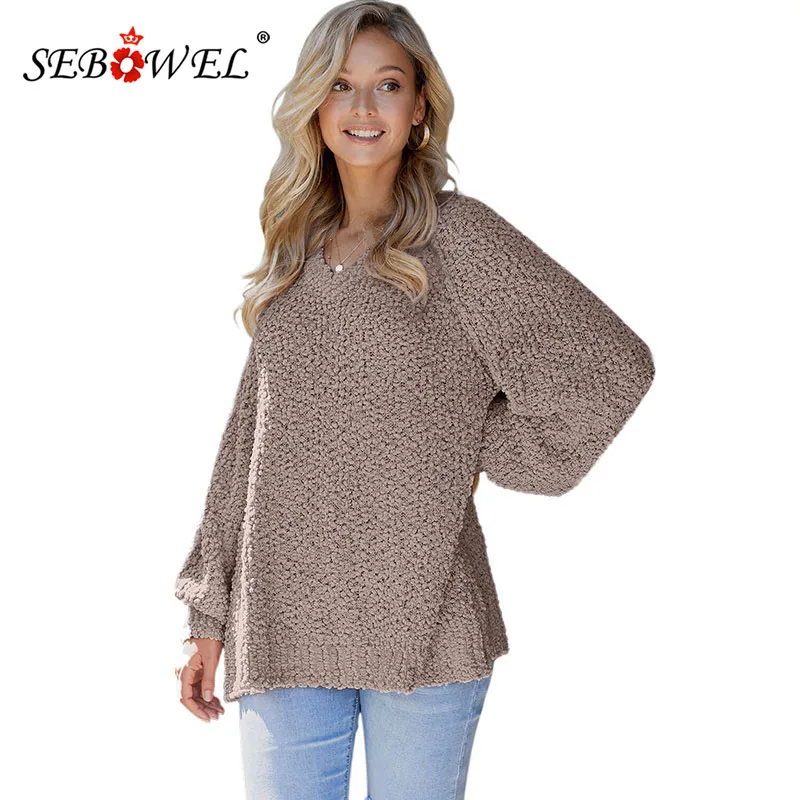 SEBOWEL Casual Solid Color Woman Sweater V-neck Long Sleeve Popcorn Knit Sweaters Female Warm Autumn Winter Ladies Tops Clothes | Женская