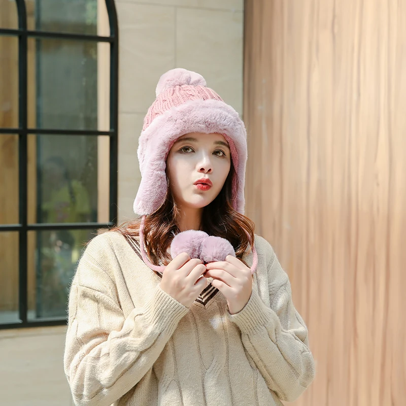 

Fashion New Knitted Fur Hat Winter Warm Ear Protective Leather Hat Fox Hair Ball Raccoon Hair Hat Cover Women's Ski Cap