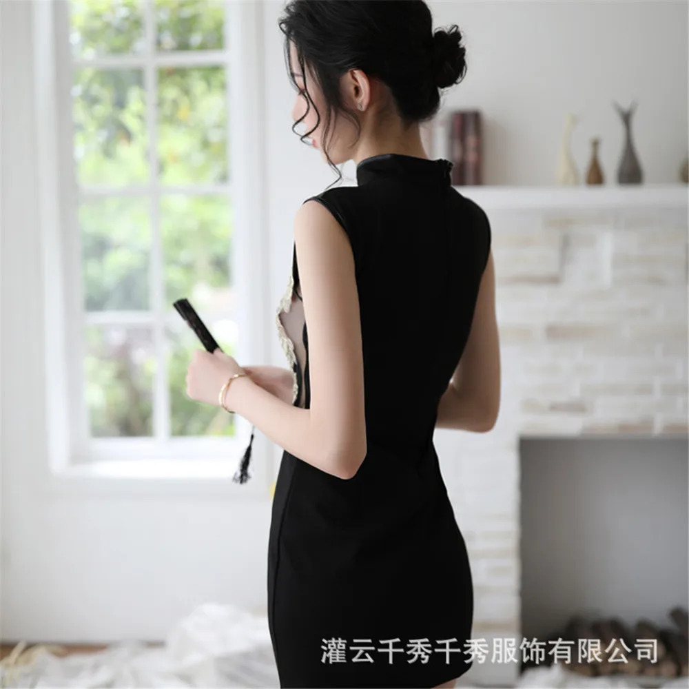 

Sexy Lingerie Chinese Wind Embroidery Flower Perspective Hollow Mesh Cheongsam Retro Cheongsam Leotard Temptation Dress