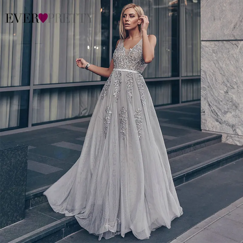 Выпускные платья Длинные Ever Pretty Элегантное длинное пальто с v-образным вырезом с фатиновой юбкой, с кружевными аппликациями, без рукавов трапециевидной формы Лидер продаж vestid