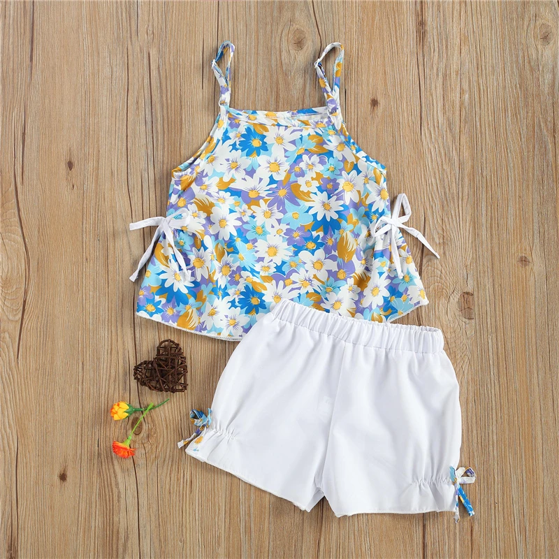 Летний комплект одежды для девочек топ на бретельках без рукавов с цветочным