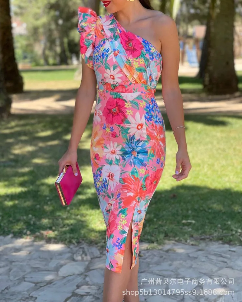 

Women Long Floral Dress Flower Shoulder Ruffled Tight Skirt High Waist Sleeveless Fashion Casual