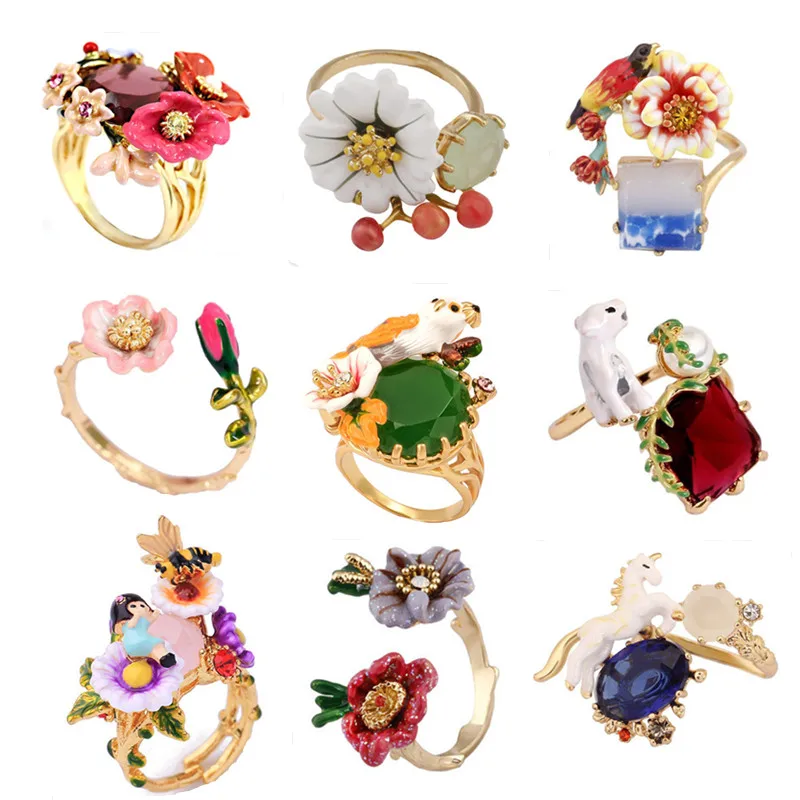 Модные эмалевые кольца с цветами и птицами для женщин позолоченные свадебные