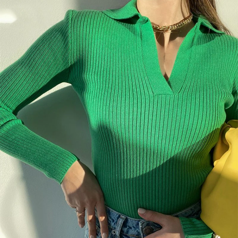 

Women V Neck Ribbed Knit Slim Fit T-shirts Solid Color Long Sleeve Casual Pullovers Jumper Top Knitwear Autumn Spring Clothes