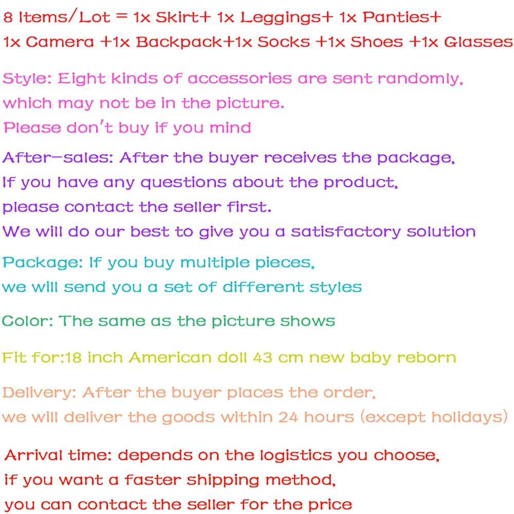 8 Piece/Set For 18 Inch American 43 Cm Born Baby Doll Clothes items = Dress+Glasses+Camera+Panties+Leggings+Shoes+Backpack+Socks | Игрушки и