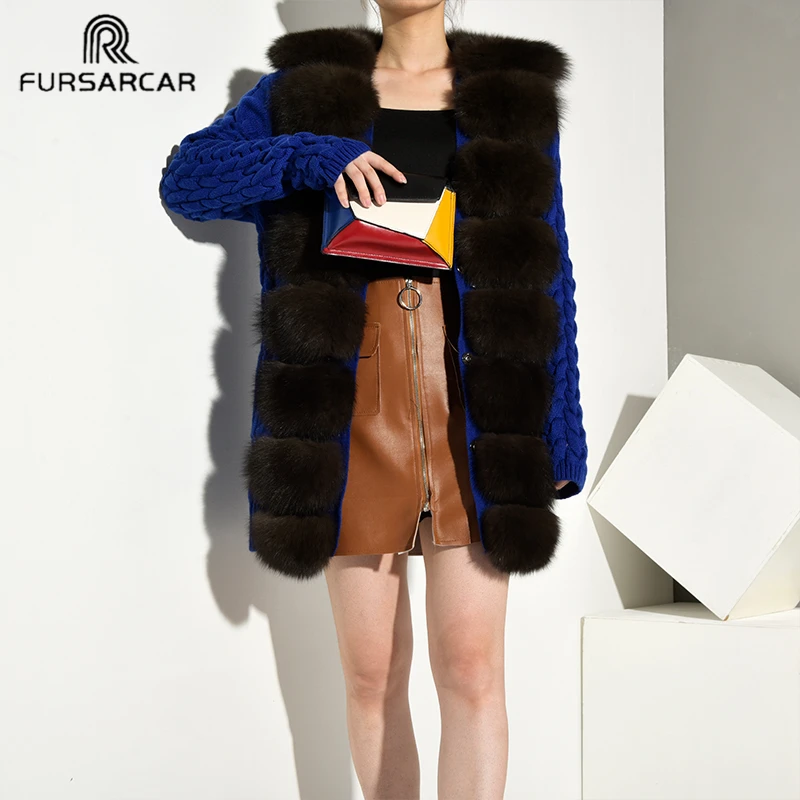 FURSARCAR 3 цвета модные женские шерстяные свитер из натурального меха пальто с