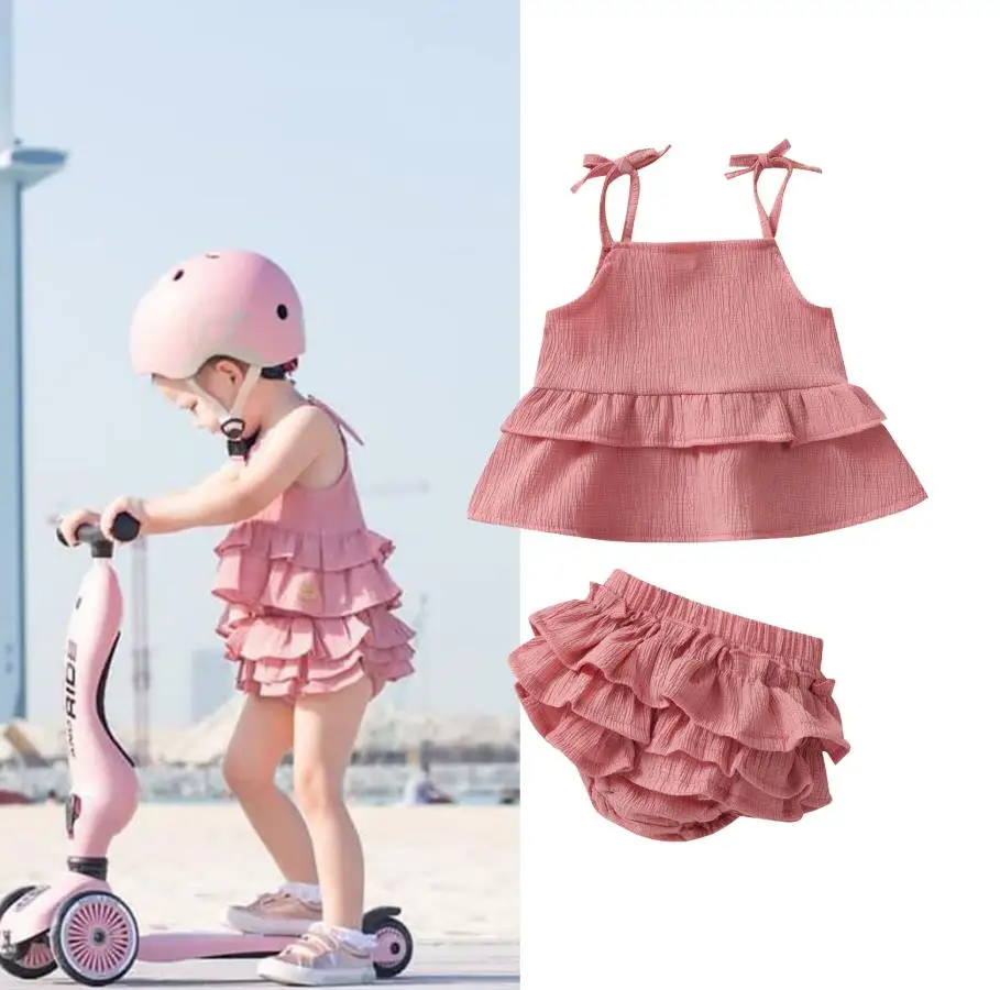 

2Pcs Baby Girls Outfit Summer Solid Color Flouncing Splicing Wide Hem Sleeveless Suspender Tops Lace Shorts Set Baby's Sets