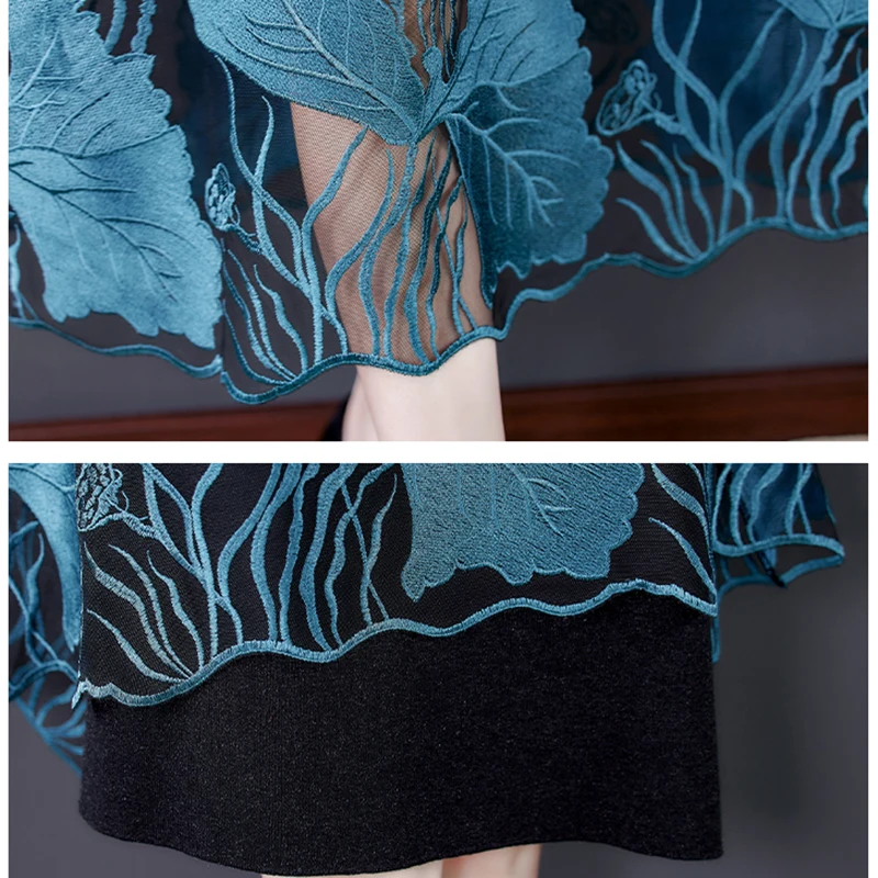 

Winter Women Vintage Knitting Sweater One Piece Dresses Autumn Mesh Embroidery Blue Floral Elegant Plus Size Wool Sweaters Dress