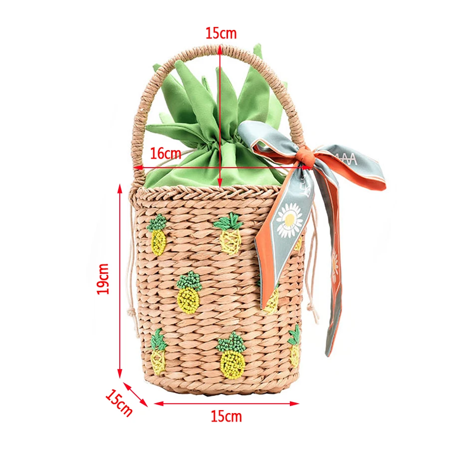

Casual Handmade Weave Straw Women's Bucket Handbags Summer Pineapple Embroidery Silk Scarf Design Vacation Beach Tote Bag 2021