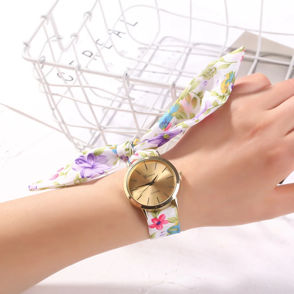 Мода цветок ткань дизайн для женщин часы Сладкая девушка браслет дамы платье