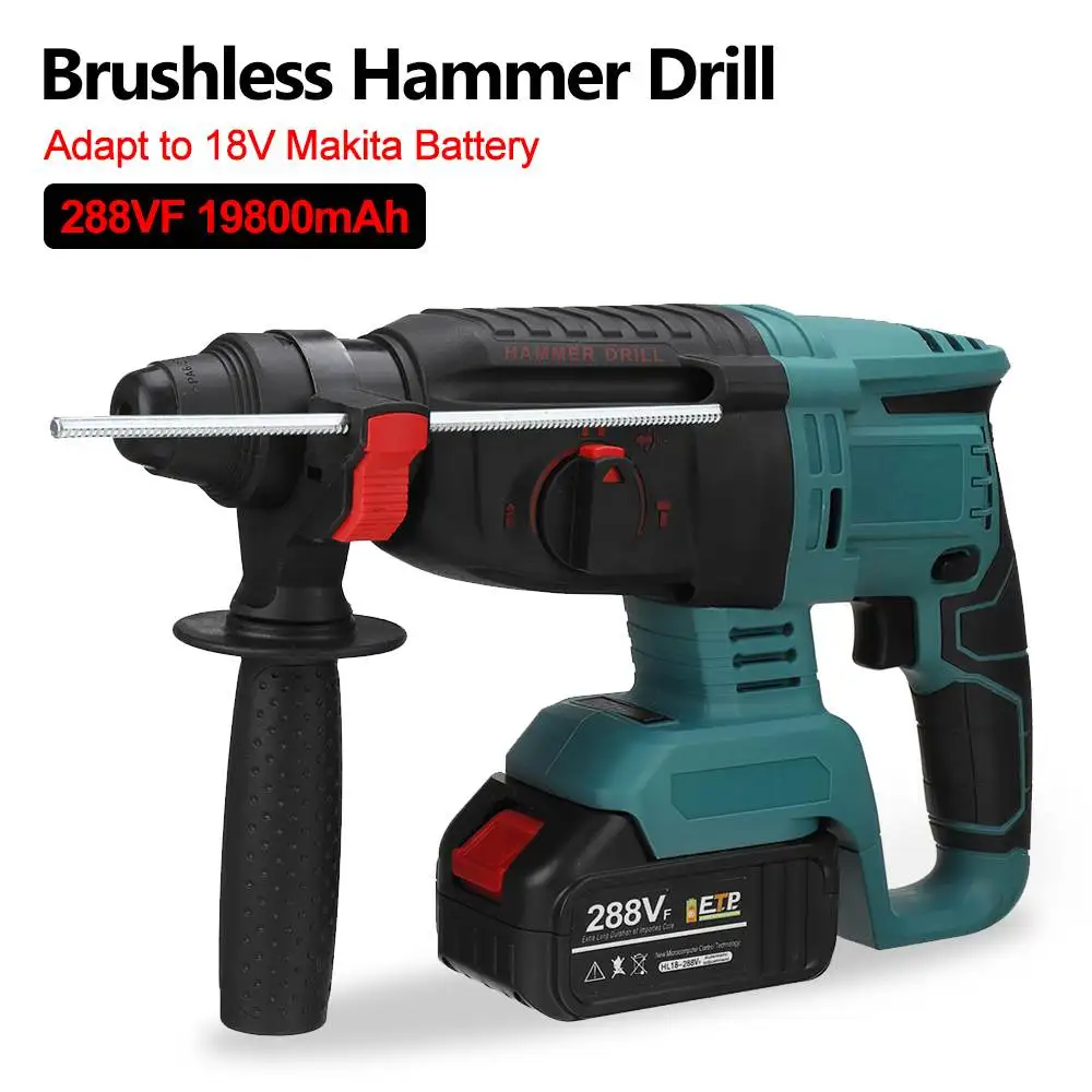 

288Vf 3 in 1 Brushless Electric Rotary Hammer Rechargeable Cordless Electric Hammer Impact Drill Tool for Makita 18V Battery