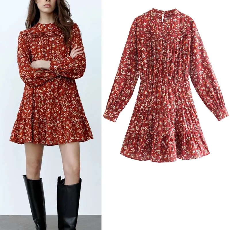 

Za Autumn Winter Flowers Print Woman's Dresses Fashion Lapel Long Sleeves Pleated Dress Vintage Chic Splicing Mini Dress Female