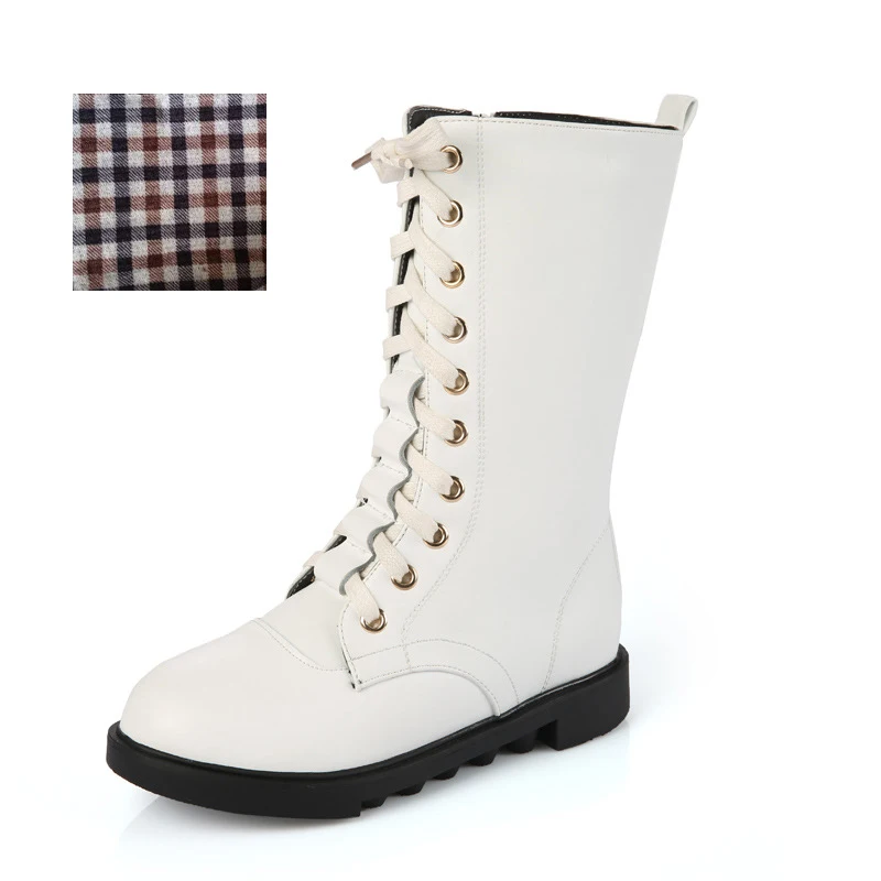 White single boots Детские зимние плюшевые высокие сапоги; кожаные зимние сапоги для девочек; цвет черный, белый, красный; Дизайнерские Сапоги принцессы для девочек-подростков; Размеры 26-39 - Цвет: White single boots