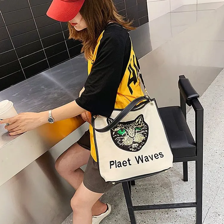 2019 Холщовая Сумка осень-зима новая &quotголова кота из мультфильма&quot одно плечо