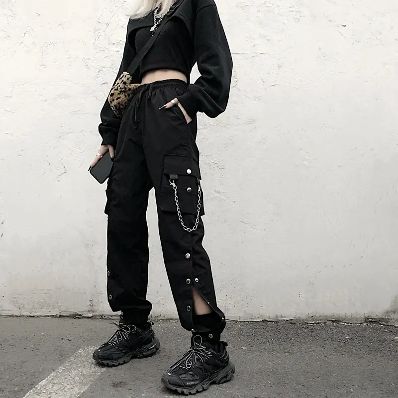 

Women Mall Goth Black Cargo Pants Chian Women Gothic Style Emo High Waisted Trousers Femme Dark Grunge Harajuku Oversize