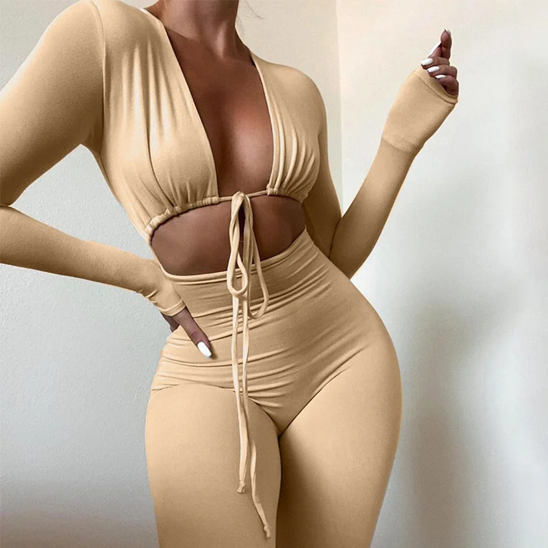 

Elegant Women Outfit Deep V-neck Hollow Out Bandage Jumpsuit 2022 Sexy Female One Piece Overall Nigh Club Rompers Black White