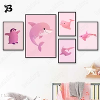 canvas painting pink animals dolphin shark inkfish penguin wall art cartoon posters and print wall pictures baby room home decor
