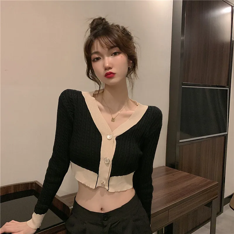 

Korean Style Sense of Design Contrast Color V-neck Single-Breasted Knitted Cardigan for Women Spring New Slim Fit Slimming Long