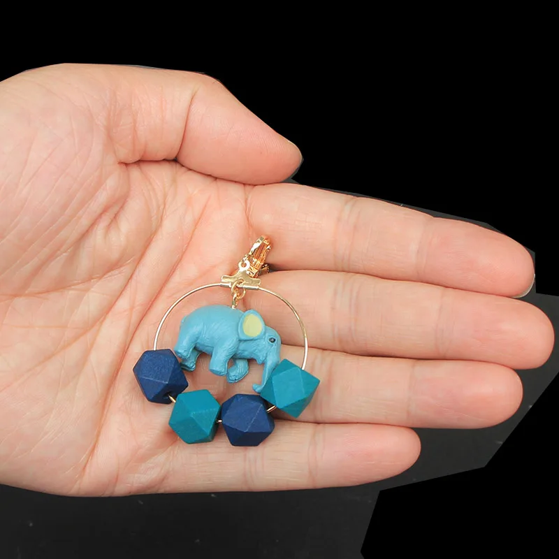 Серьги-клипсы с животным большим кулоном слоником бирюзовыми синими клипсами