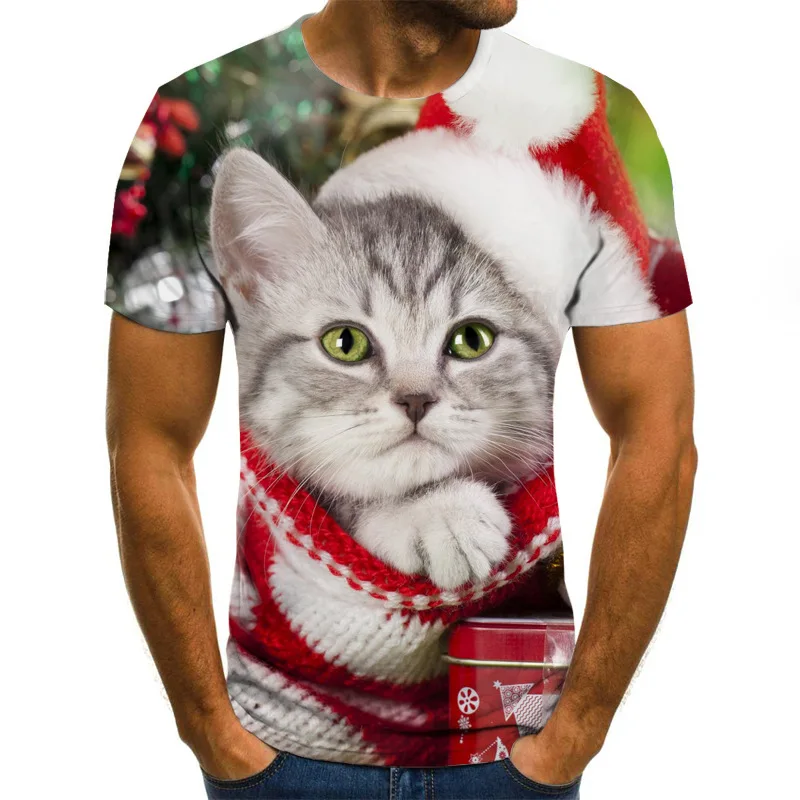 

3D printing Chinese characters Christmas cat print men's casual sports unisex T-shirt soft skin-friendly breathable O-neck men's
