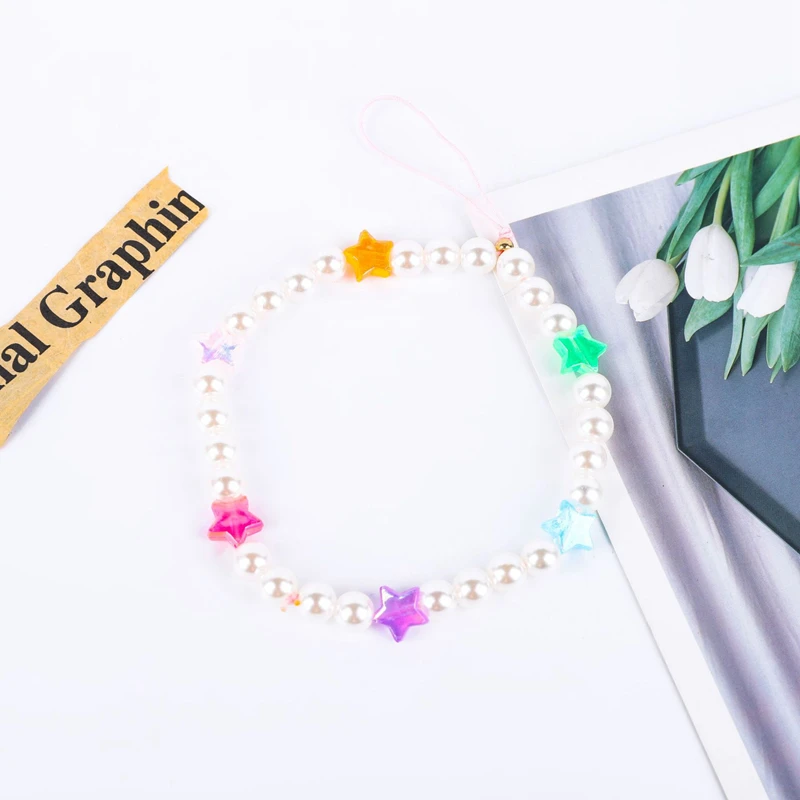 Rainbow Color Star Beaded Mobile Phone Straps Fashion Soft Ceramic Fruit Chain Ladies Anti-lost Key Lanyards Girls Jewelry